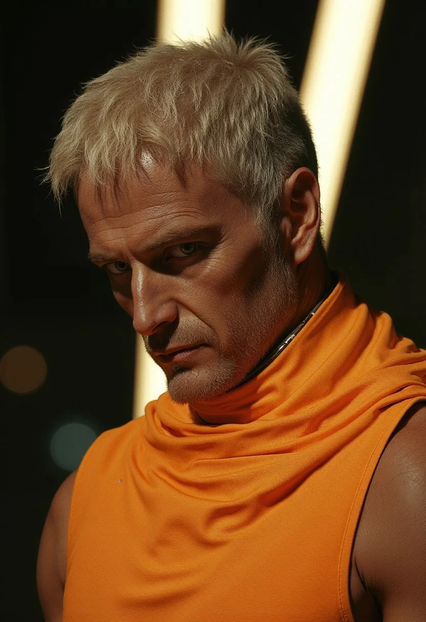 Cinematic close-up portrait of a rugged man with short messy blond hair, inspired by Korben Dallas from 'The Fifth Element'. He wears a clean, minimalistic bright orange sleeveless shirt, fitted and futuristic, with subtle fabric textures but no bulky armor. His expression is calm but determined, exuding resilience and strength. His skin shows slight roughness and life experience. Cinematic soft lighting, dramatic shadows highlighting his features. The background is blurred, suggesting a futuristic cityscape with soft neon lights. Sci-fi elegance, minimalistic style, hyper-realistic, ultra-detailed portrait, masterpiece, 8k.