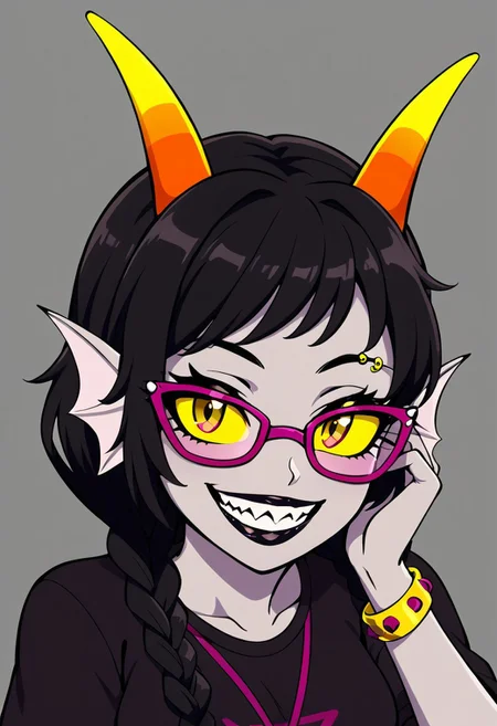 1girl, solo, meenah, grey skin, horns, head fins, fuschia lips, yellow sclera, black pupils, smile, grin, cute, eyebrow piercings, braids, black hair, glasses, sharp teeth,
BREAK,
source_cartoon,