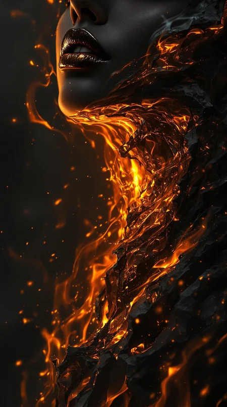 cinematic composition of a female human lower face and upper chest, emerging from intense, swirling flames. Metallic bronze lips and a portion of jawline visible against darkcoal skin. Dynamic fire textures in amber, golden-orange, and deep red, intricately blending with human contours. Dramatic chiaroscuro lighting revealing fragmented body anatomy, symbolizing inner transformation and hidden power.
Photo realism oil painting with intricate flame details, creating a sense of emergence and metamorphosis. Victorian gothic atmosphere, digital art, digital painting, matte painting