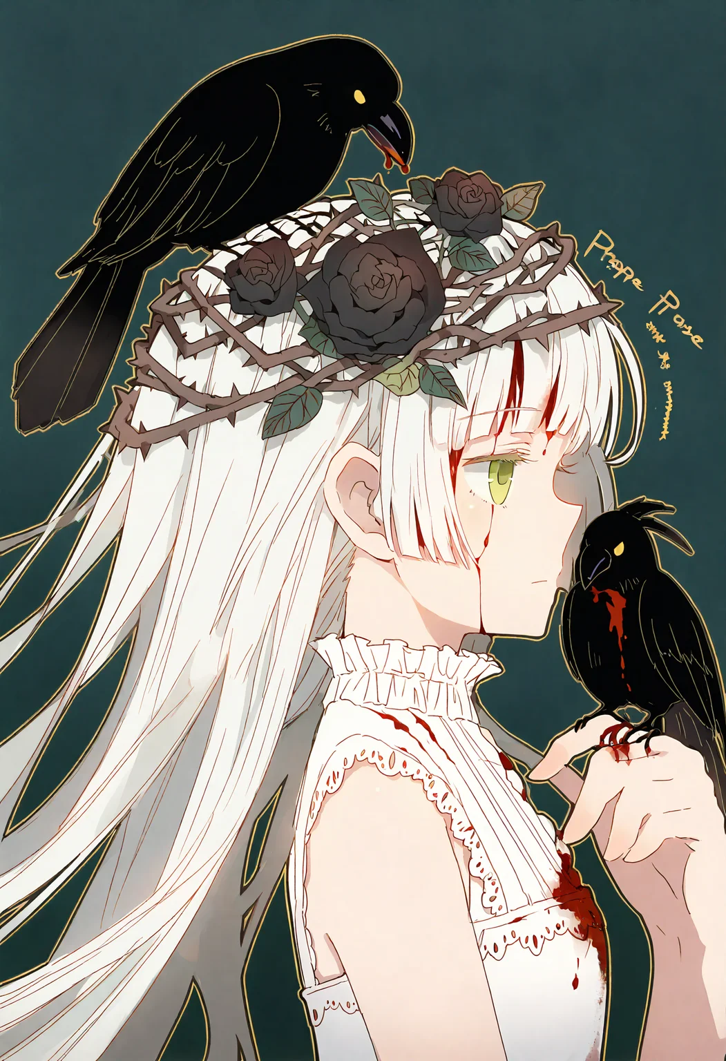 1girl,
on head, animal on head, bird on head, blood, bird, closed eyes, flower, long hair, solo, rose, hair ornament, hair flower, green background, thorns, blood on face, white hair, english text, from side, blunt bangs, profile, hime cut, blood on clothes, closed mouth, bare shoulders, black rose, plant, leaf, bird on hand, expressionless, upper body, crow, sleeveless, green eyes, white dress, looking ahead, dress, black flower, vines, sleeveless dress, simple background, very awa hime,
masterpiece, best quality, newest, absurdres, highres, safe
<lora:Dhiea1_noob1.1-000177:1>
