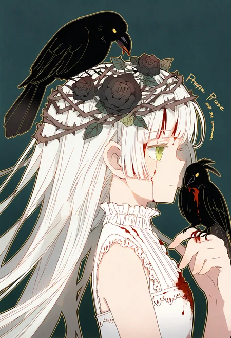 1girl, 
on head, animal on head, bird on head, blood, bird, closed eyes, flower, long hair, solo, rose, hair ornament, hair flower, green background, thorns, blood on face, white hair, english text, from side, blunt bangs, profile, hime cut, blood on clothes, closed mouth, bare shoulders, black rose, plant, leaf, bird on hand, expressionless, upper body, crow, sleeveless, green eyes, white dress, looking ahead, dress, black flower, vines, sleeveless dress, simple background, very awa hime,
masterpiece, best quality, newest, absurdres, highres, safe
 <lora:Dhiea1_noob1.1-000177:1>