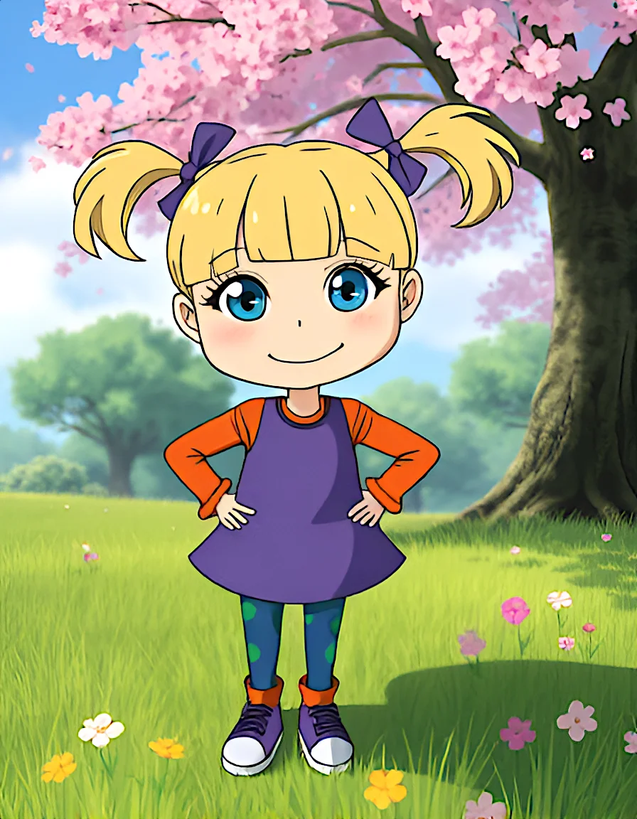 A beautifully rendered cinematic Studio Ghibli anime styled outdoors scene. From slightly above in a majestic outdoor setting, with grass, trees, flowers, and sakura blossoms. she is a pretty somewhat chibi little girl standing outdoors, She is wearing a purple dress, orange sleeves, blue leggings with green dots, orange socks and purple sneakers. her blonde hair is tied up in two pigtails with purple bows. she has a cutesy smile on her face with her hands on her hips. Her pretty eyes are large and expressive, with a striking blue hue and they sparkle like sapphires.