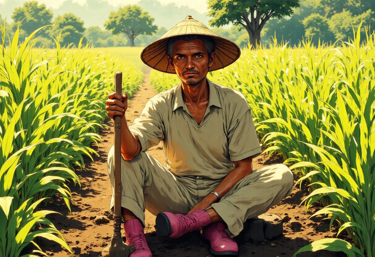 An elderly male farmer sits cross-legged on the ground directly facing lush rice paddies that stretch toward the horizon. His deeply wrinkled face tells the story of decades working under the tropical sun, with leathery skin creased by time and weather. His eyes, though tired, reflect wisdom and a profound connection to the land he has tended all his life. He wears a traditional conical bamboo hat that casts subtle shadows across his weathered features while protecting him from the intense sunlight above.
His attire is humble but practical - a plain, well-worn short-sleeve t-shirt, simple loose-fitting short pants rolled up slightly at the ankles, and sturdy pink rubber boots caked with layers of dried mud from countless hours in the fields. The color of his clothing has faded from years of sun exposure and washing.
The farmer rests a wooden-handled hoe against his right shoulder, his calloused hand gripping it with the practiced ease of someone who has wielded this tool his entire life. His posture shows both weariness and quiet dignity. Behind him, the meticulously arranged rice plants stand in perfect rows, their vibrant green contrasting with the rich brown earth. The golden afternoon light bathes the scene, highlighting the textures of the paddies and the farmer's sun-baked skin. anime