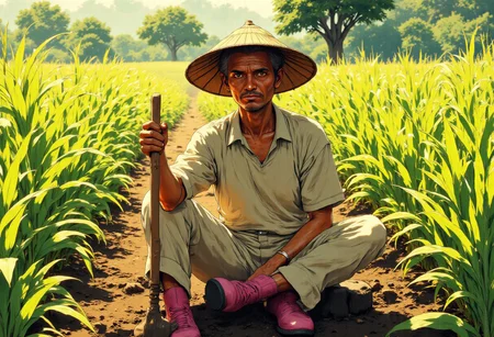 An elderly male farmer sits cross-legged on the ground directly facing lush rice paddies that stretch toward the horizon. His deeply wrinkled face tells the story of decades working under the tropical sun, with leathery skin creased by time and weather. His eyes, though tired, reflect wisdom and a profound connection to the land he has tended all his life. He wears a traditional conical bamboo hat that casts subtle shadows across his weathered features while protecting him from the intense sunlight above.
His attire is humble but practical - a plain, well-worn short-sleeve t-shirt, simple loose-fitting short pants rolled up slightly at the ankles, and sturdy pink rubber boots caked with layers of dried mud from countless hours in the fields. The color of his clothing has faded from years of sun exposure and washing.
The farmer rests a wooden-handled hoe against his right shoulder, his calloused hand gripping it with the practiced ease of someone who has wielded this tool his entire life. His posture shows both weariness and quiet dignity. Behind him, the meticulously arranged rice plants stand in perfect rows, their vibrant green contrasting with the rich brown earth. The golden afternoon light bathes the scene, highlighting the textures of the paddies and the farmer's sun-baked skin. anime