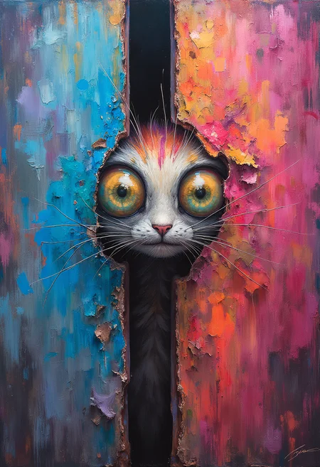 A whimsical creature peeks into the right side of a vertical canvas, its large, curious eyes staring directly into the frame as if observing the viewer. The frame itself appears to bend slightly, reacting to the creatureâs playful presence, creating the illusion that itâs part of the scene, Vibrant Glow