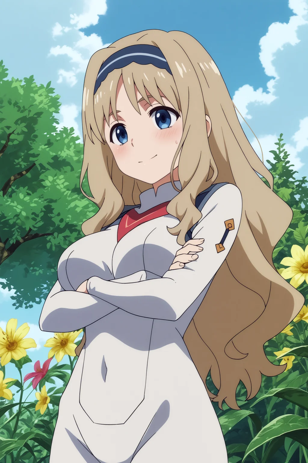 kokoro,1girl,solo,long hair,hairband,blonde_hair,uniform,bodysuit,white bodysuit,large breasts,from below,smile,upper body,cowboy shot,crossed arms BREAK outdoors,blue sky,cloudy_sky,yellow flower,flower field,tree <lora:Kokoro_-_Darling_in_the_franxx.safetensors:0.8> <lora:detailed_backgrounds_v2.safetensors:0.5>