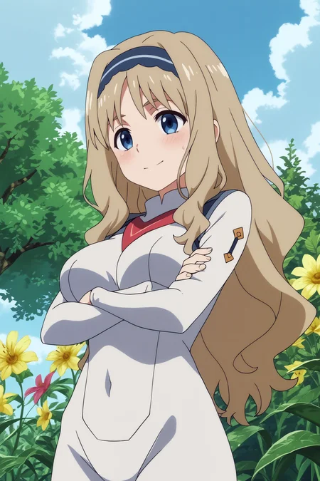 kokoro,1girl,solo,long hair,hairband,blonde_hair,uniform,bodysuit,white bodysuit,large breasts,from below,smile,upper body,cowboy shot,crossed arms BREAK outdoors,blue sky,cloudy_sky,yellow flower,flower field,tree <lora:Kokoro_-_Darling_in_the_franxx.safetensors:0.8> <lora:detailed_backgrounds_v2.safetensors:0.5>