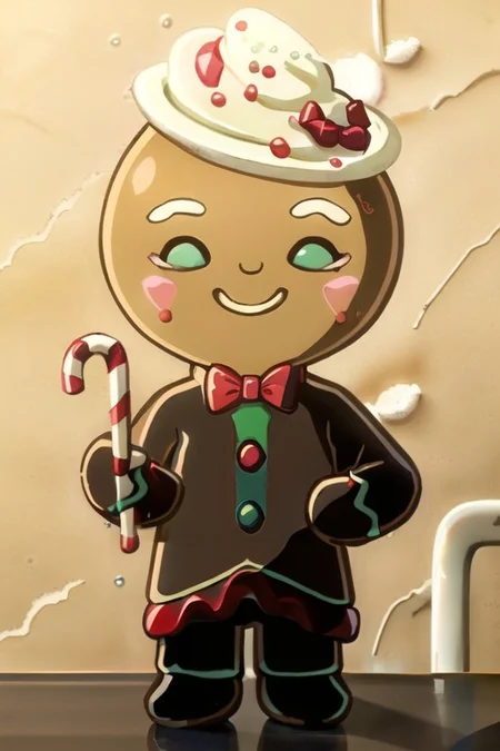OverallDetail, male, solo, Gingerbread_Man, made of gingerbread, food focus, no humans, food creature, living cookie, frosting, frosting hair, (head tuft:1.2), blush stickers, plate, table, tablecloth, on table, walking, tiny, curly hair, bow tie, tailcoat, long sleeves, formal wear, top hat, candy cane, masterpiece, extreme detail, candy, simple face, dot eyes, high-angle view, standing, inside, kitchen, looking at viewer, smile, half-closed eyes smug, cute, chibi