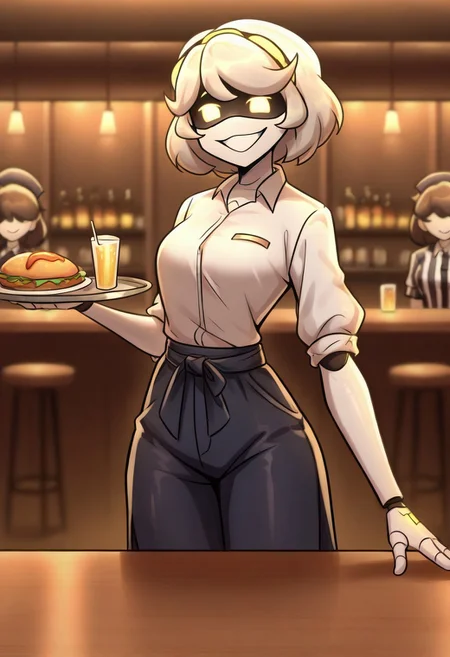 (masterpiece, high quality, highly detailed, best quality), SD-V, 1girl, solo, robot girl, humanoid robot, robot joints, hairband, short white hair, yellow eyes, solid circle pupils,
waitress, restaurant, night, tray in hand, bent arm, white shirt, black jeans, skinny jeans, belt on waist, round tables, smile, drinks on a tray, bar counter, food on tables
looking at viewer
waitress, hakama skirt, food, solo focus, real life insert, brown hair, yagasuri,happy, smile, looking at viewer, standing, best quality, highres, extreme detailed,