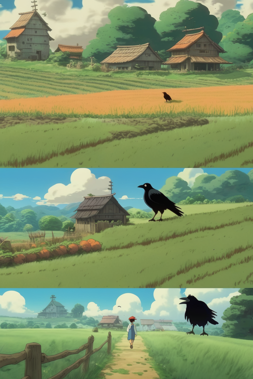 <lora:Studio Ghibli Style:1>Studio Ghibli Style - a farm and a crow in the area style of studio ghibli