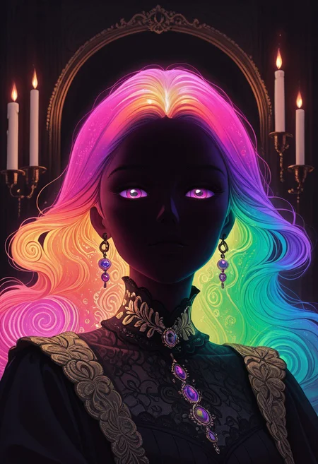ajnblyst, 1girl, baroque portrait, neon rainbow hair flowing in soft curls, solo, opulent renaissance dress with gold embroidery, soft chiaroscuro lighting, elegant pearl earrings, delicate lace collar, melancholic gaze, looking at viewer, deep shadows and warm highlights, rich oil painting textures, atmospheric candlelight, classical portrait composition, glowing strands of hair reflecting warm light, subtle mysticism