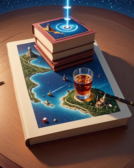 isometric style <lora:Book_FFusion:1> hyperrealist highly intricate, 3d book with a whiskey glass and a starry sky, rolands zilvinskis 3d render art, todd schorr, inspired by andrey ryabovichev, a notebook with a pencil and a drawing of a woman, editorial illustration, oil rig, art cover, view of the cosmos, cherry blossom whiskey glass, a chair with a book on it and a mountain view, 3d rendering of the pisa tower, litrpg novel covern<lora:CivitAI__Style_Fusion_-_FFusionAI_Entry_64DIM:0.2> FFusionAI Style <lora:test_Not_for_production.adultdel:0.2> . vibrant, beautiful, crisp, detailed, ultra detailed, intricate