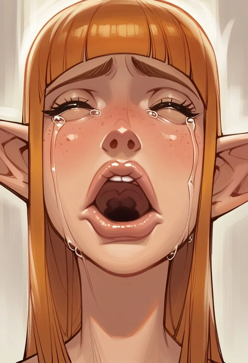(Front angle:1.3), high detail, perfect face, very close-up, 1girl, long hair, ginger hair, (Hime cut hairstyle:1.3), light skinned female, (Elf:1.3), crying expression, closed eyes, head tilted, plump lips, (up close shot of face, portrait:1.6), mouth open, tears,
BREAK
score_9, score_8_up, score_7_up, score_6_up, source_cartoon, rating_explicit