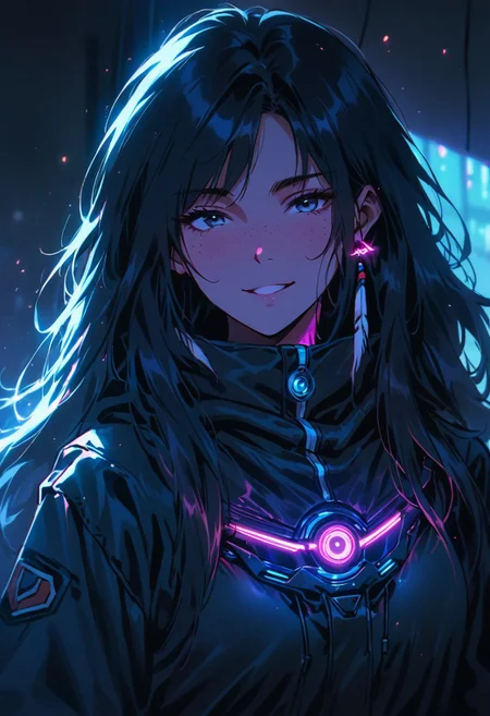 Vibrant 80s Neon pastel color graded, dim light, low light, dramatic light, partially covered in shadow, photo in phst artstyle, mechanical parts, wires, cables, cyberpunk, closeup portrait of shy smiling buxom native american bedouin freckled gambler with a half robot face, busty, very long billowing hair, feathers Ornaments, native american jewelery, closeup photo of an wired-cyborg assassin with half robot face wearing a black high collar parka, solo, woman, high collar parka, upper body,, female focus, crepuscular rays, volumetric lighting, ultra detailed, deep Blacks, very detailed, atmospheric haze, Film grain, cinematic film still, shallow depth of field, highly detailed, high budget, cinemascope, moody, epic, OverallDetail, 2000s vintage RAW photo, photorealistic, candid camera, color graded cinematic, eye catchlights, atmospheric lighting, imperfections, natural, shallow dof