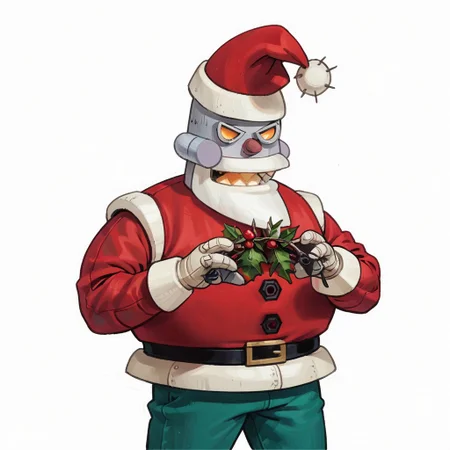 score_9, score_8_up, score_7_up, score_6_up, rating_safe,
r0b0t_s4nta_c1aus, solo, santa hat, santa_costume, pants,  christmas headwear, christmas clothing, solo, laughing manically, handing bombs out disguised as presents,
simple background,