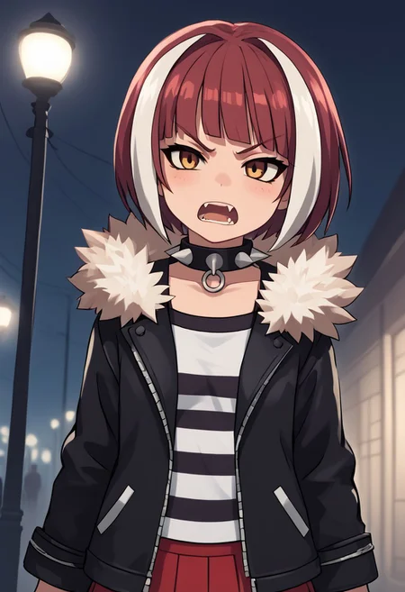 score_4,score_5,score_6,score_7_up,score_8_up,score_9
((masterpiece,best quality,ultra detailed,highres,HD,4k:1.2)),
Gibril(normal), 1 girl, solo, striped white hair, short hair, bob cut, bangs, multi-colored hair, red hair, fangs, teeth, brown eyes,
jacket, spikes, collar, fur trim, spiked collar, striped shirt, black jacket, shirt, studded collar, red skirt, short skirt,
Moonlight, moonlight, ight, street light
frown,open mouth,