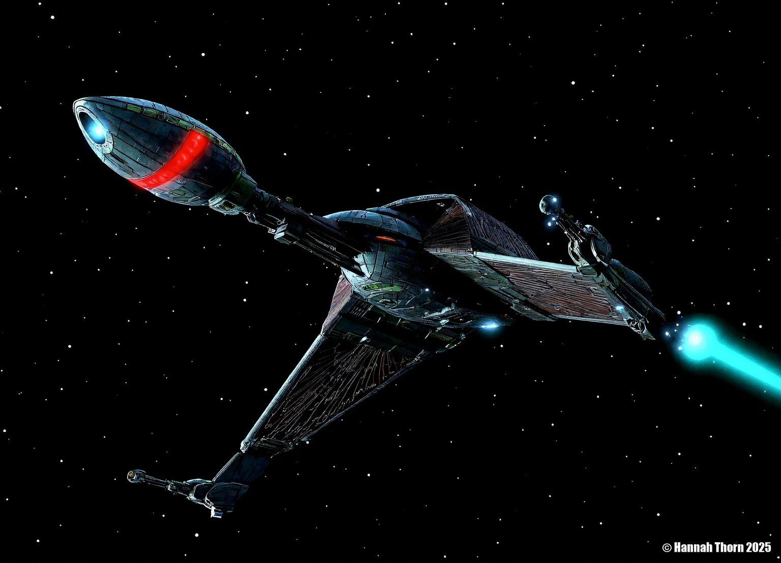 Klingon bird-of-prey, A detailed digital painting of a futuristic spaceship flying through a dark, starry night sky. The spaceship has a metallic, dark grey color with red accents and glowing blue and green accents. It has a sleek, streamlined design with a pointed nose and a pointed tail. The background is filled with small, sparkling stars. The image is highly detailed and realistic, with a focus on the intricate design of the spaceship.<lora:_Flux\Klingon_Bird_of_Prey.safetensors:1.0:1.0>