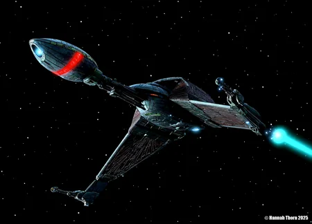 Klingon bird-of-prey, A detailed digital painting of a futuristic spaceship flying through a dark, starry night sky. The spaceship has a metallic, dark grey color with red accents and glowing blue and green accents. It has a sleek, streamlined design with a pointed nose and a pointed tail. The background is filled with small, sparkling stars. The image is highly detailed and realistic, with a focus on the intricate design of the spaceship.<lora:_Flux\Klingon_Bird_of_Prey.safetensors:1.0:1.0>