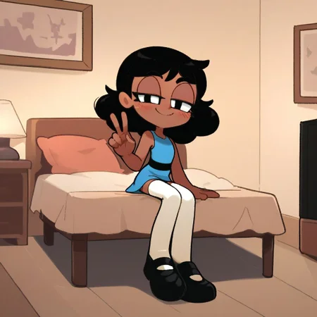score_9, score_8_up, score_7_up, score_6_up, score_5_up, score_4_up, BREAK, source_anime, connie_maheswaran, indoors, black hair, small breasts, black footwear, white thighhighs, smile, smug, blush, blue top, sleeveless, blue miniskirt, peace sign, pantsless, powerpuff, dark-skinned female, 1girl, sitting, indoors, living room, on bed,