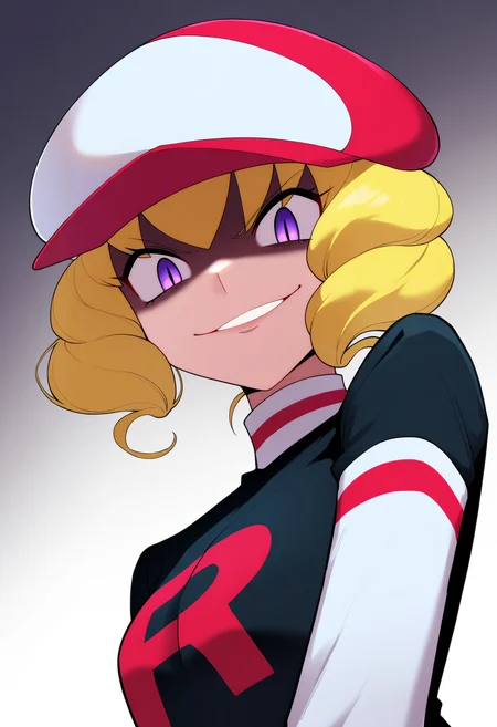 masterpiece, best quality, very aesthetic, absurdres,
1girl, domino, blonde hair, purple eyes, drill hair,
hat,
team rocket, team rocket uniform,
upper body, evil smile,
looking at viewer, solo, simple background, white background, <lora:DominoNoobXL_byKonan:1>