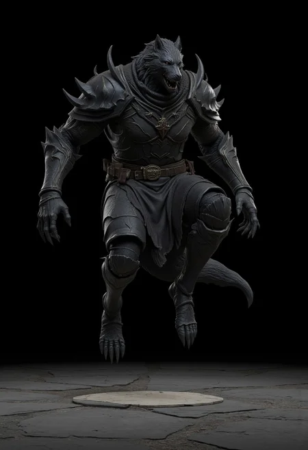 a huge armored black dire wolf with gray fur streaks, imposing aura, with a medieval armor
Foating above a flat gray ground and black background, the camera angle is high rotated at a 45 degree angle Set against a solid dark black color background to emphasize its unnatural form that emphasizes its silhouette. The medium is not a traditional painting or illustrative medium like watercolor or ink but rather a digital 3D rendering.
MikeFranchinastyle, bbstyle,, horror theme,, ZBClay model of a gray sculpture, zbrush, d4arks0uls, overcast lighting, gothic-fantasy style, mystical aura