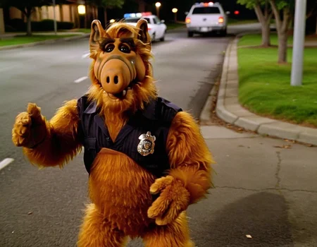 <lora:Alf SDXL LoRA - Trigger w Alf Person:1> Alf person in a high speed chase with police after carjacking a car that was modified to look like a cat.