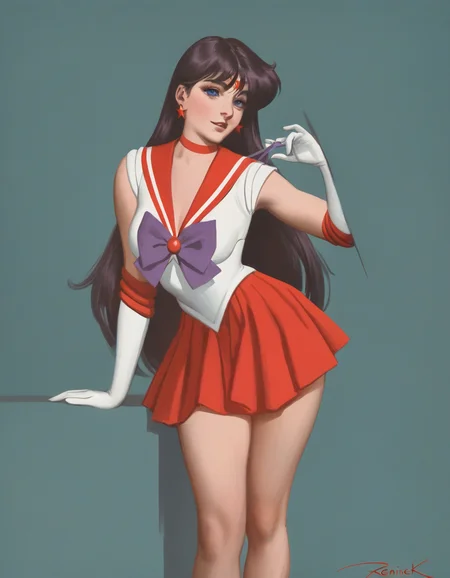by reznicek, 1girl, sailor-mars, standing, leaning, simple-background, by reznicek, newest, masterpiece, best quality, absurdres, highres