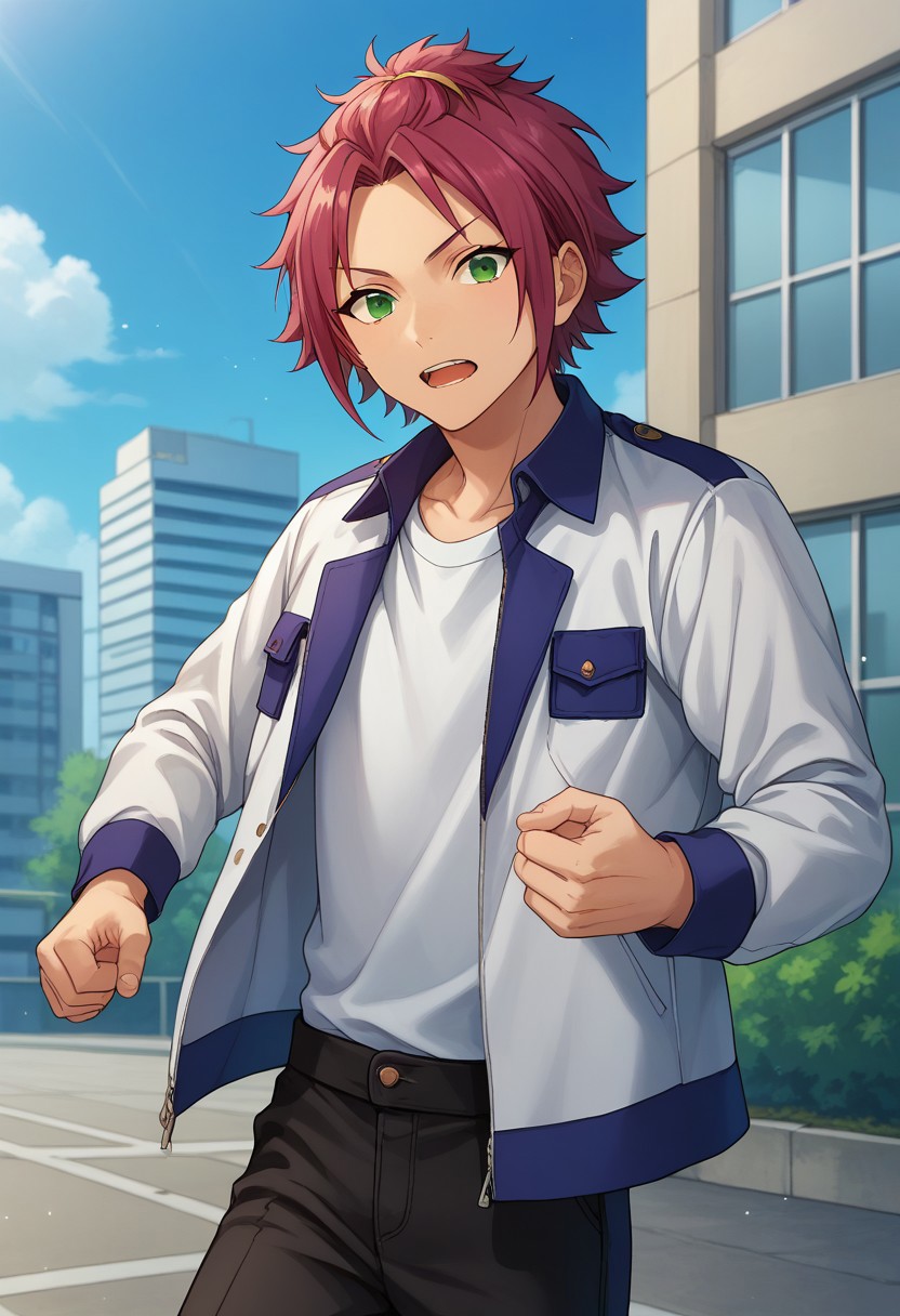 score_9, score_8_up, score_7_up, source_anime, highly detailed, 
maoisara, 1boy, male focus, green eyes, solo, shirt, purple hair, looking at viewer, open mouth, jacket, open clothes, pants, black pants, clenched hands, white shirt,
open jacket, bangs pinned back, casual uniform, upper body
indoor, sky, buildings,