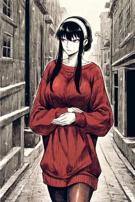 score_9, score_8_up, score_7_up, spy x family, yor briar, black hair, brown pantyhose, earrings, hairband, red eyes, red sweater, sweater, solo, solo focus, cowboy shot, black background, greyscale , Walking on a path with arms raised to feel the breeze, embracing the feeling of freedom. BREAK p65fn <lora:ruffct:1>
