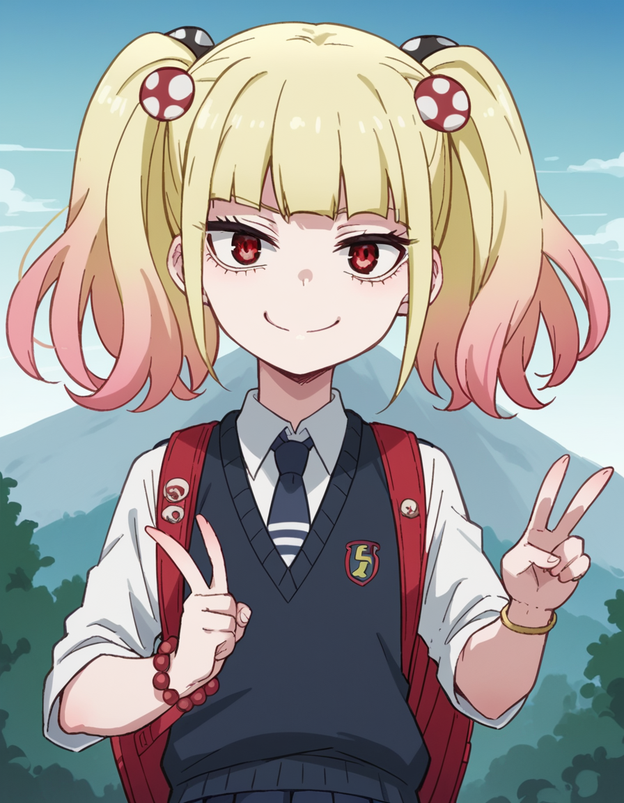 score_9, score_8_up, score_7_up, source_anime, <lora:yuria-niguredou-s1-ponyxl-lora-nochekaiser_r1:1>, yuria niguredou, bangs, blonde hair, hair ornament, red eyes, twintails, pink hair, multicolored hair, gradient hair,, skirt, shirt, jewelry, school uniform, pleated skirt, necktie, bracelet, sweater vest, beads,, mountain trail, hiking, nature, backpack, adventure, fresh air, smile, looking at viewer, v, v over mouth, smug,, solo,, dutch angle, cowboy shot