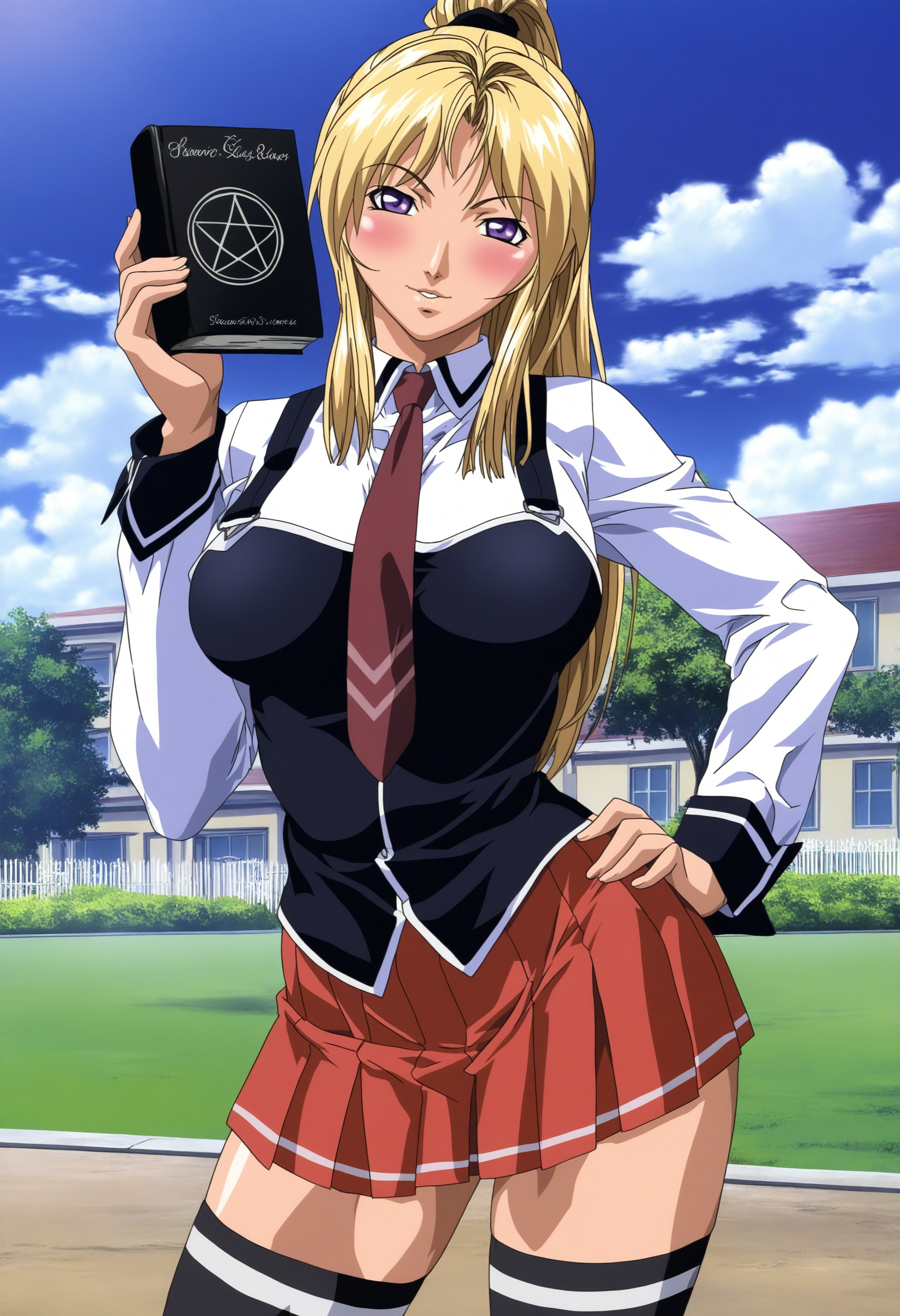 masterpiece, good quality, best quality,  very awa, bloom, shadow, sidelighting, 
saeki kaori, 1girl, cowboy shot, solo,
standing, hand on own hip, contrapposto, holding book, holding gift, black book, pentagram print on book,
looking at viewer, head tilt, blush, parted lips, smile, 
blonde hair, long hair, high ponytail, purple eyes,
school uniform, collared shirt, white shirt, vest, suspenders, pleated skirt, miniskirt, black thighhighs, red necktie, 
curvy, thighs, large breasts,
indoors, window, day, clouds, building, garden, fence, tree,
 <lora:Saeki Kaori 3216 NoobAIXL Vpred:1> 5 fingers