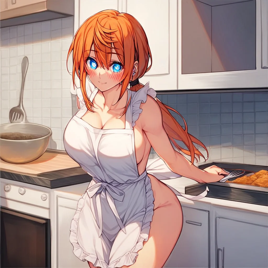 score_9, score_8_up, score_7_up, ASCII masterpiece, source_anime, BREAK, 1girl, solo, (( <lora:miyazaki_hiyori:1> , miyazaki_hiyori, beautiful orange hair, piercing blue eyes, normal waist, wide hips, beautiful skin, bangs, hair between eyes, low ponytail, clear eyes, bright pupils, beautiful eyes, huge and shaggy breasts, natural beauty, extraordinary beautiful woman, attractive woman, super sexy woman, lustful body, sexy woman with seductive obscene body, sensual body, voluptuous body, sexy beauty, sexy milf, )) , no piercings, no piercing, obscene cleavage, naked apron, standing, blush, seducative smile, hands behind ass, in kitchen,