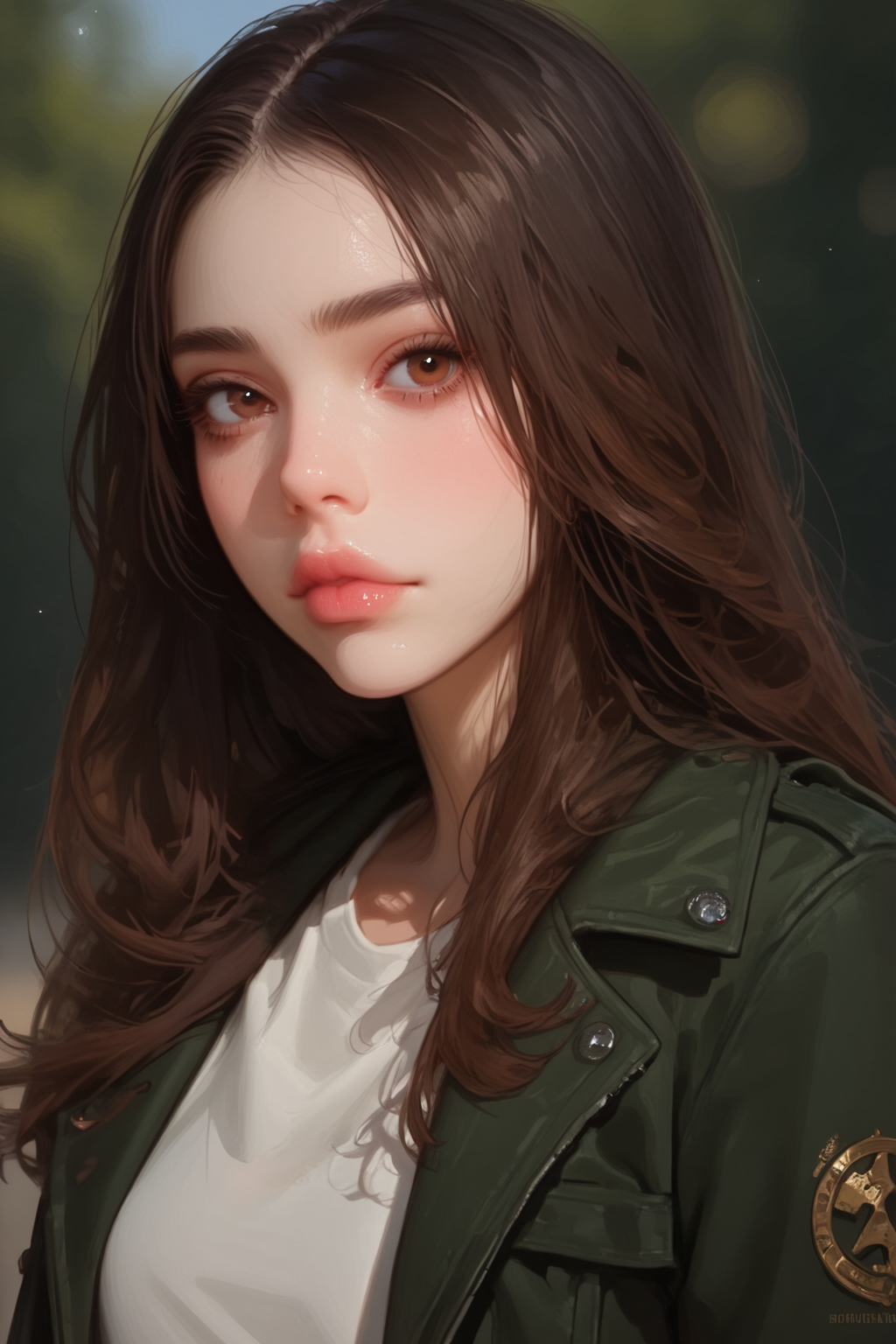 1girl, solo, , brown eyes, long hair, looking at viewer, , black hair, shirt, jacket, upper body, closed mouth, brown hair, portrait, blurry, lips, nose, depth of field, realistic,<lora:re--mix1:1>