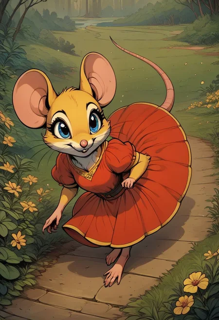 score_9, score_8_up, score_8, (solo), (fluffy:0.8), (feral), outdoors, toes, furry, (((mouse))), female, blue eyes, yellow fur, yellow ears, claws, (fluffy cheeks:0.4), (red dress), cute, in the style of beatrix potter, fca style, cel-shading, nature, high angle view, (running)