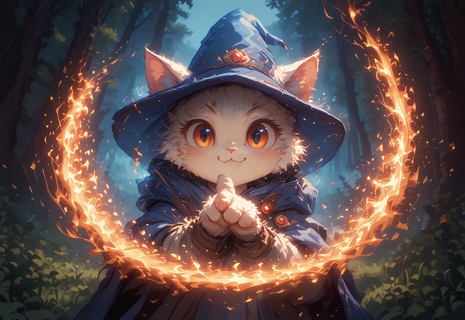 score_9, score_8_up, score_7_up, (cute, fluffy little cat, happy cat, wearing magical hat, casting magic spells, kawaii, big eyes:1.2), red spell bind, burning forest background, flames around vibrant, concept art, digital art, realistic, hkmagic, hkanimal