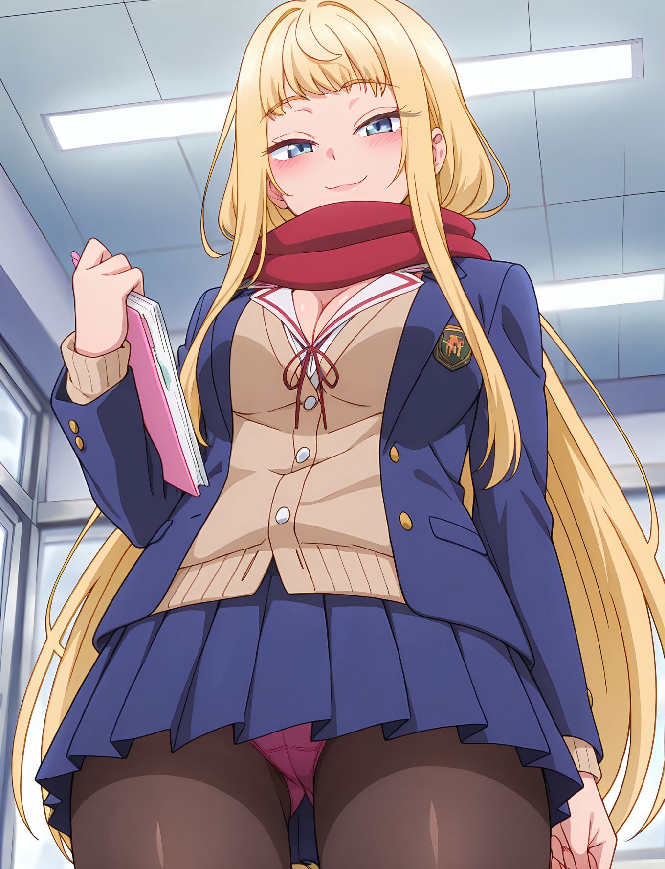 masterpiece,best quality,anime coloring,anime screenshot,
<lra:bra_peek:0.6>bra_peekV1,
1girl,pantyhose,standing, seductive smile, 
skirt,panties, from below, sexy panties, 
panty shot,holding file,  looking at viewer, 
<lora:minami_fuyuki:0.8>minami, blonde hair, long hair, scarf, blue eyes, school uniform, red scarf,  jacket, cleavage, very long hair, breasts,blush, blazer, cardigan, ribbon ,long sleeves, medium breasts, bangs, sidelocks,
