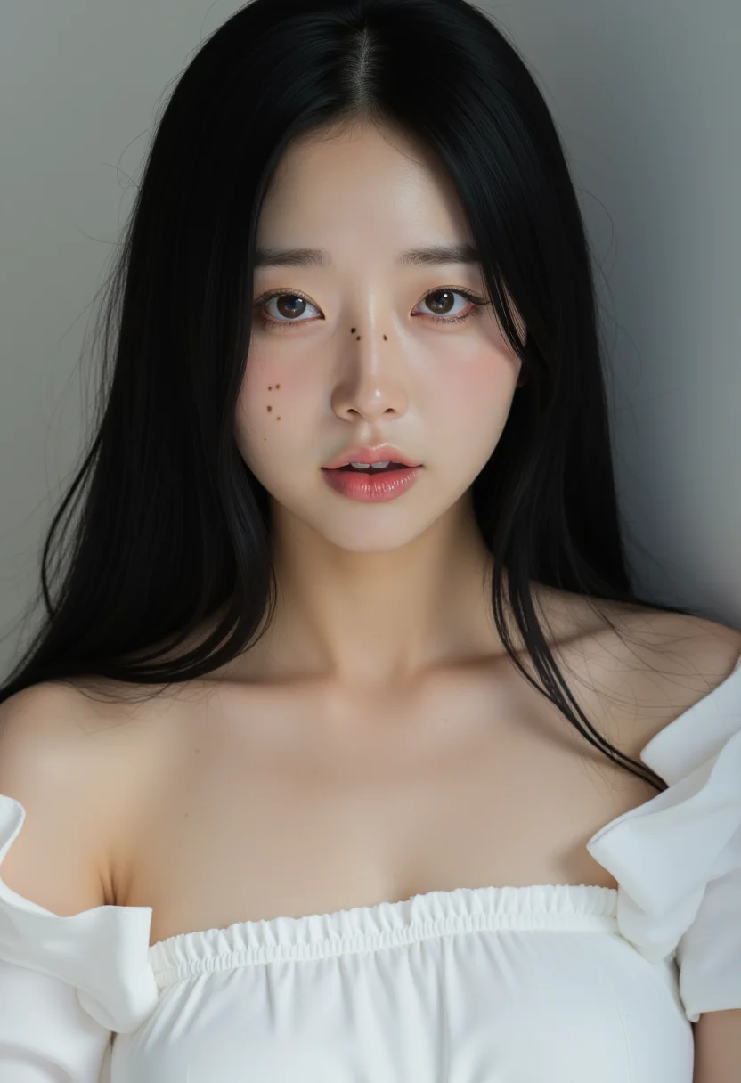 photo of a korean woman,1girl,solo,black hair,realistic,long hair,looking at viewer,upper body,lips,freckles,parted lips,collarbone,bare shoulders,shirt,black eyes,white dress,off shoulder,