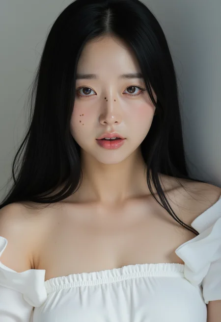 photo of a korean woman,1girl,solo,black hair,realistic,long hair,looking at viewer,upper body,lips,freckles,parted lips,collarbone,bare shoulders,shirt,black eyes,white dress,off shoulder,