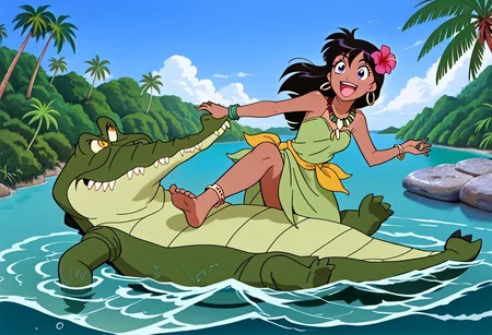 Tick tock crocodile,male animal focus,tail, crocodile open large mouth ,green skin, blue eyes, Tick Tock the crocodile is he giant and very huge size,teeth, swimming in water,partially submerged,Tick Tock the crocodile looking at a young Choi mochimazzi who she is sitting on Tick Tock the crocodile belly floating on the water on his back. Choi mochimazzi tamako market anime,long hair, black hair, dark-skinned female,smal size, purple eyes, tropical cloth, chest_band,green dress jewelry, dark skin, smile, necklace,hair flower, bracelet, anklet, barefoot,open mouth,river,palm trees, jungle tropical, Disney, anime, manga