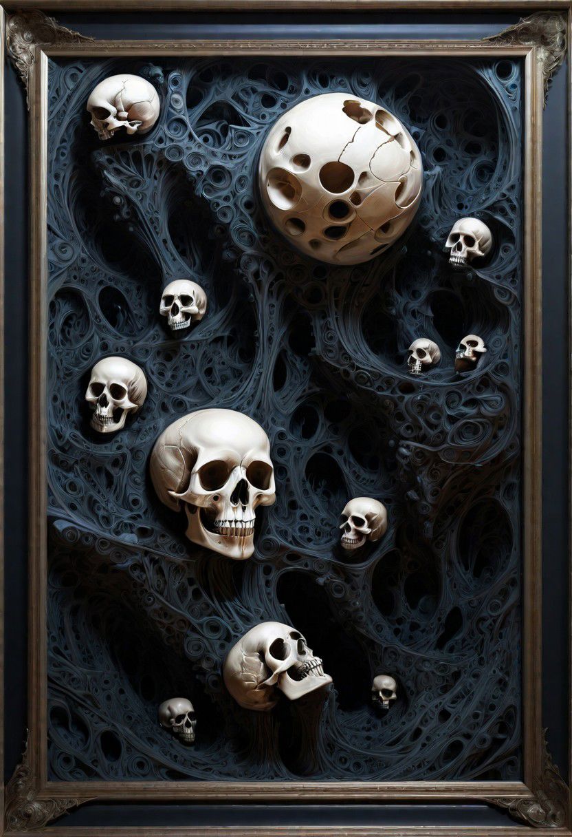skulls, in the outta realms of your mind, abstract details, distinctive visuals, Intricate, (3D Framed, Skull)