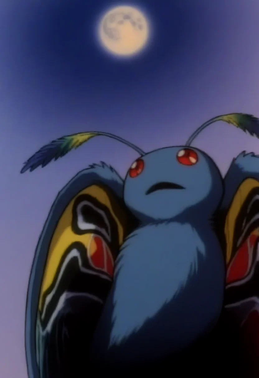 masterpiece, best quality, solo, looking at viewer, <lora:Darkstalkers-Ova-illus_Fp:1>, 1990s \(style\), retro artstyle, <lora:Mothman-illus_Fp:1>, mothman, pokemon \(creature\), no humans, wings, red eyes, moon, open mouth, looking up,