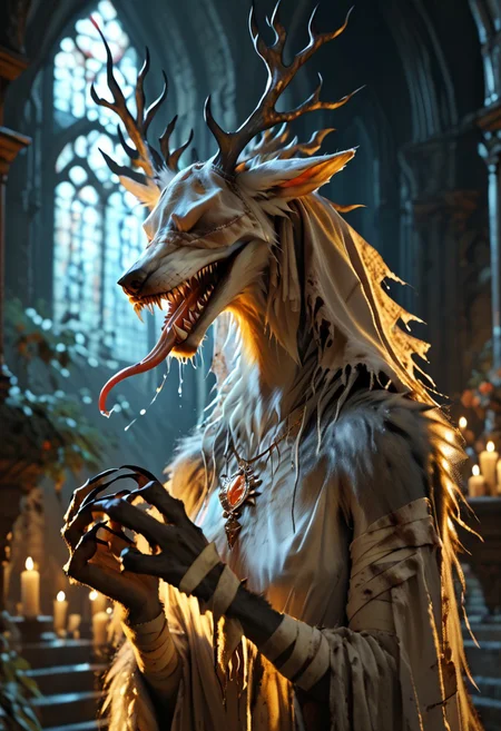 1girl, upper body, anthro bbvicamelia, fur, fluffy fur, sharp teeth, claws, paws, drool, long tongue, standing straight, digitigrade, bent legs, in dark candlelit gothic cathedral, candles, golden pendant necklace, bandages, screaming,, detailed, masterpiece,score_9, score_8_up, score_7_up, score_6_up, best quality