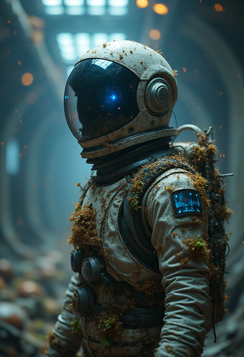 "Lonely astronaut, futuristic, decaying space suit, neon moss and fungi growing on fabric, reflective visor showing distant galaxy, melancholy, isolated on abandoned space station, zero gravity, holographic displays floating around, ultra-realistic texture, LED lighting effects, eerie shadows, Ridley Scott's cinematography style, haunting beauty, 4K resolution, photorealism, deep space ambiance"