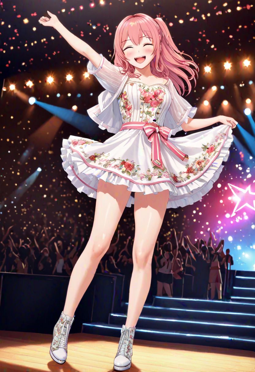 high quality, high detail, 1girl, beautiful girl, joy, happy, laugh, realistic lighting, very detailed drawing, full body,pop star stage