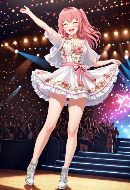 high quality, high detail, 1girl, beautiful girl, joy, happy, laugh, realistic lighting, very detailed drawing, full body,pop star stage