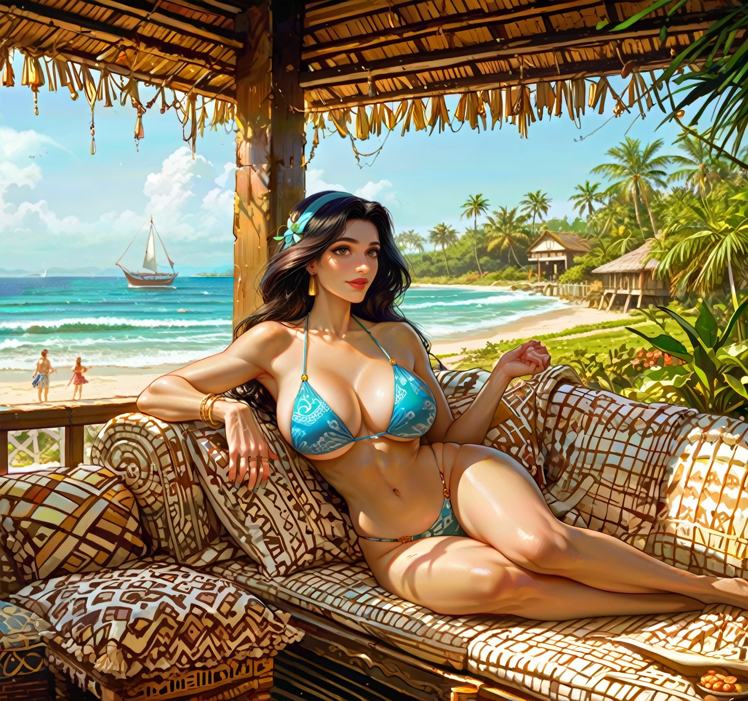 score_9, score_8, score_7, score_6, (female focus), bungalow, resort, (1girl), solo, (mature jasmine), disney, aladdin, bikini, large breasts, wide hips, window, lounging on couch, on paved patio, fence, beach, ocean in background, table, scenery, tree, furniture, detailed background, expressiveh, <lora:BeachBungalow-10pony:0.85> <lora:Pony_DetailV2.0:1>  <lora:DevilHSLycoXL:0.8> <lora:Expressive_H:1>