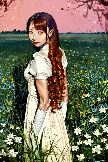 score_9, score_8_up, score_7_up, rating_safe, 1girl, solo, long hair, curly hair, wavy hair, orange hair, orange eyes, looking at viewer, breasts, dress, white dress, puffy sleeves, puffy short sleeves, short sleeves, gloves, elbow gloves, white gloves, cowboy shot, closed mouth, standing, outdoors, field, flower, grass, plant, sky, <lora:satou_t:1.5>, asian, realistic, satou tâââ
