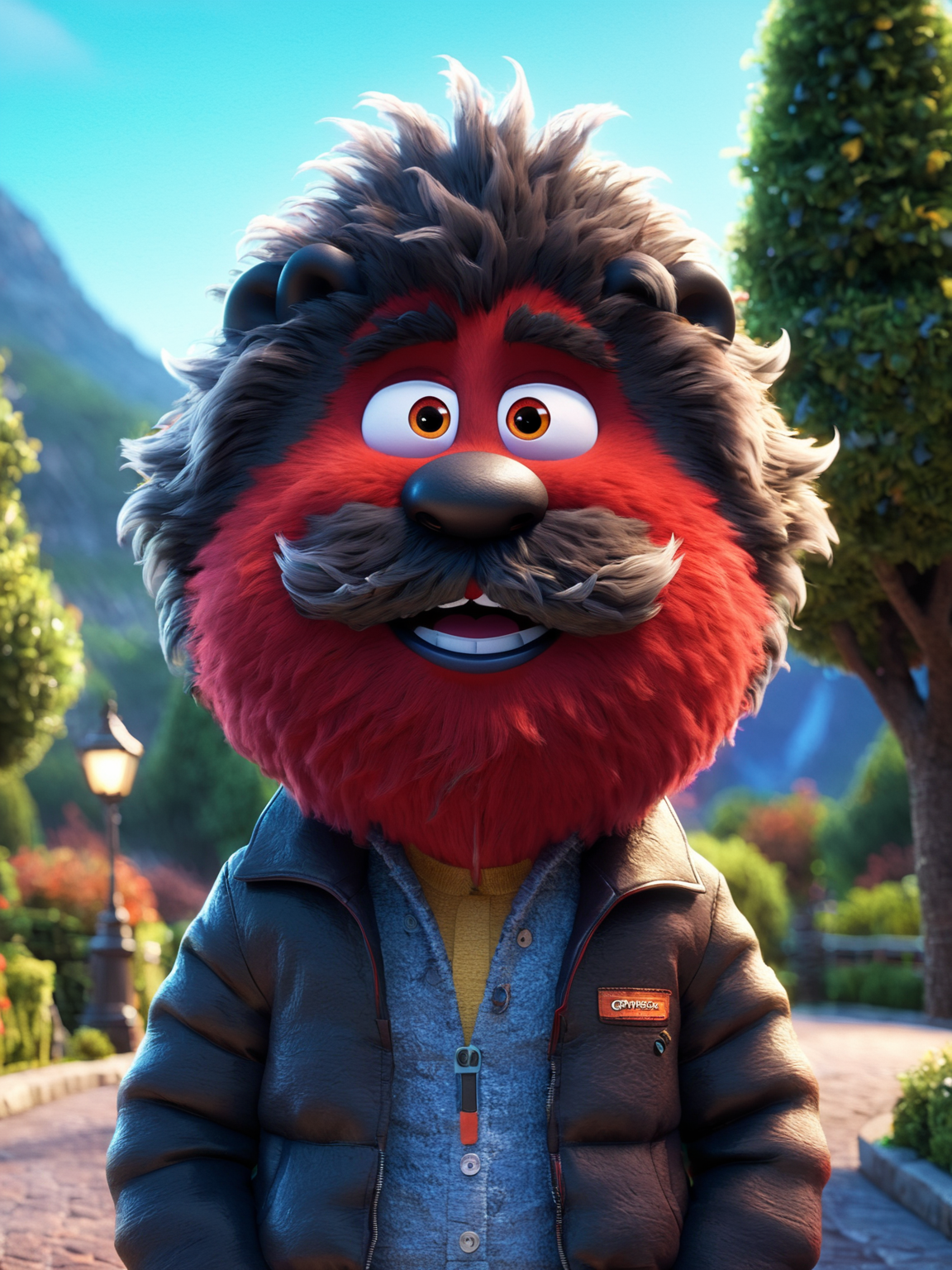 3D pixar style,(fluffy monster:1.4), facial hair, jacket, smile, beard, looking at viewer, mustache, outdoors,  upper body, red eyes, animated <lora:xl_more_art-full-beta2:0.999>
