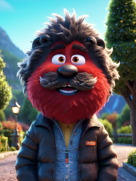 3D pixar style,(fluffy monster:1.4), facial hair, jacket, smile, beard, looking at viewer, mustache, outdoors,  upper body, red eyes, animated <lora:xl_more_art-full-beta2:0.999>