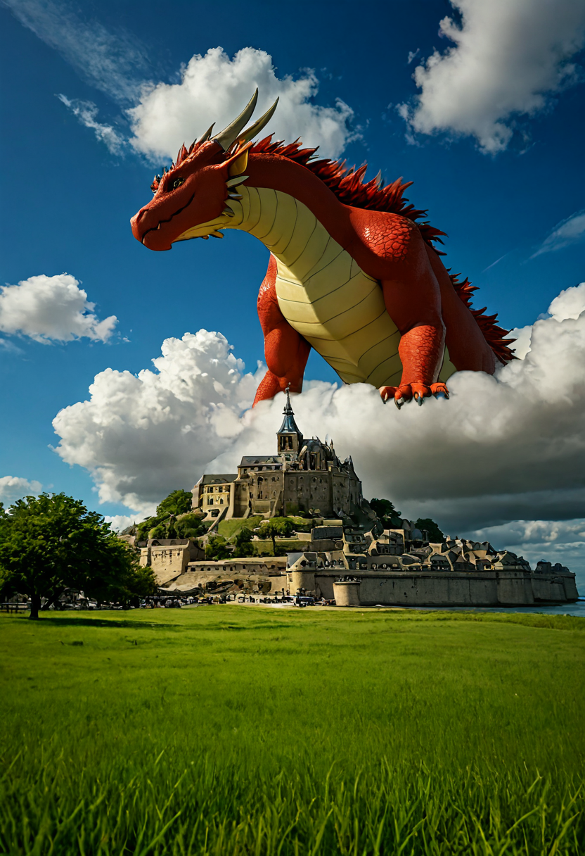 score_9, score_8_up, score_7_up, BREAK, rating_safe, 
building, outdoors, from_below,
grass,  animal focus, sky, cloud,
(dragon:1.4), river, water, looking at viewer, 
masterpiece, newest, highly detailed,
<lora:add-detail-xl:1>,
<lora:sdxl_lightning_4step_lora:1>,
<lora:MONT_ST_MICHEL_V1_PDXL-000006:0.8> ,